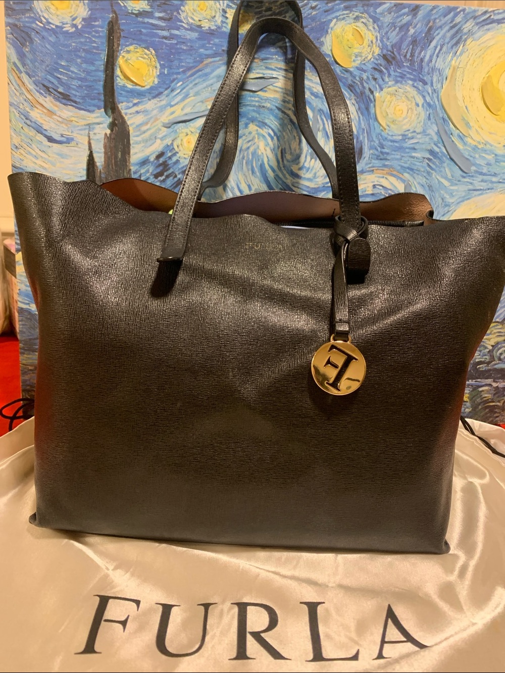 Furla Black Leather Tote with Gold Logo Disc